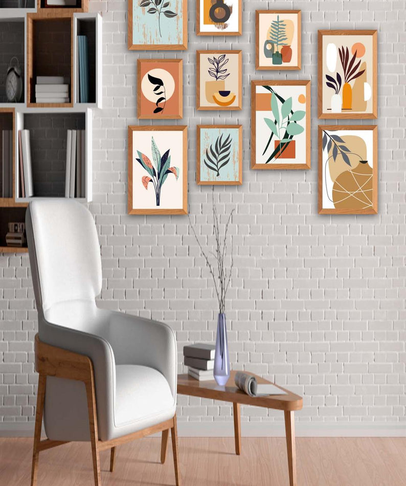 10 Parça Bohem Tarzında Sanatsal (Ahşap çerçeve görünümlü) Uv Baskı Mdf Tablo Seti