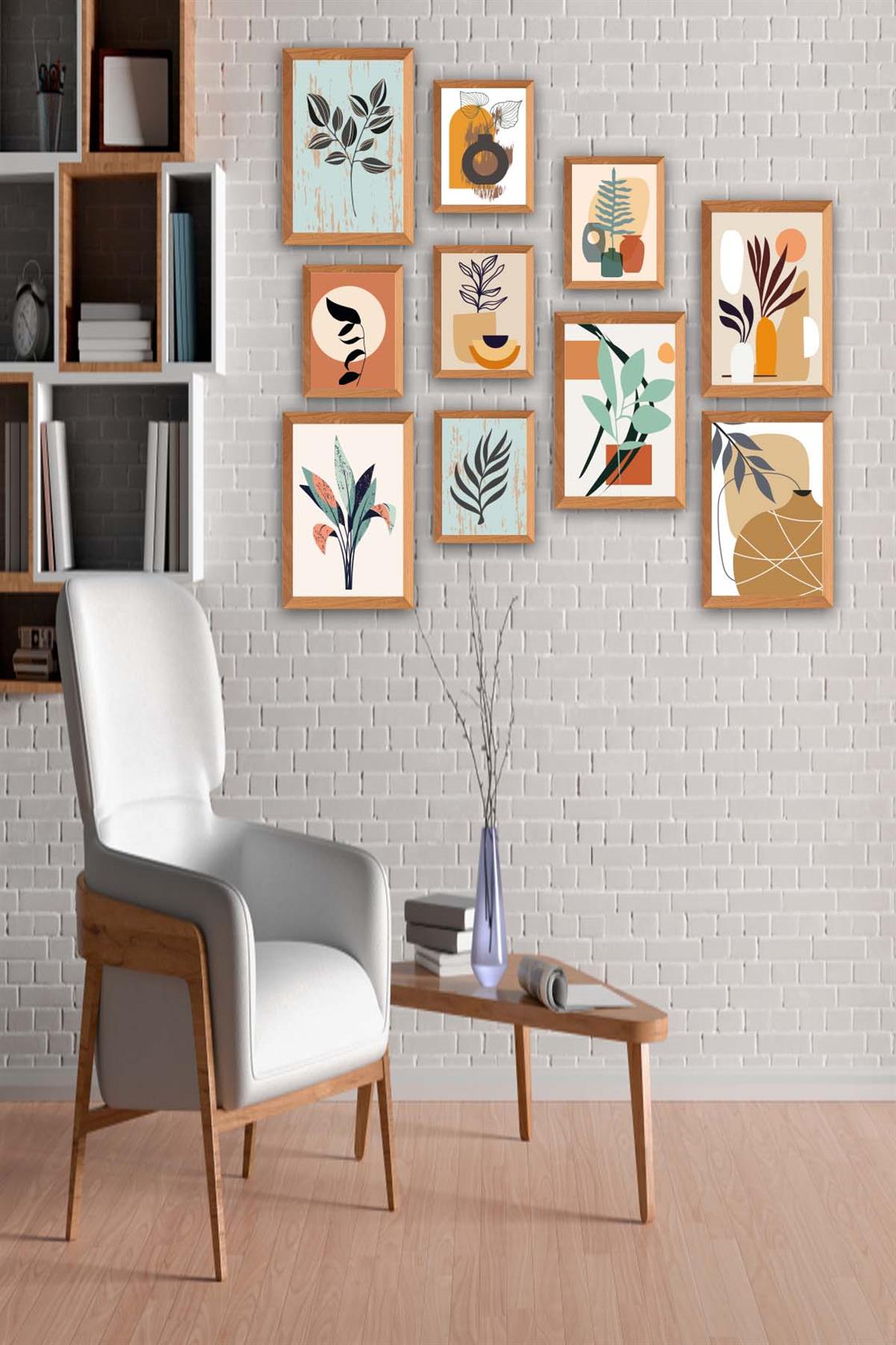 10 Parça Bohem Tarzında Sanatsal (Ahşap çerçeve görünümlü) Uv Baskı Mdf Tablo Seti