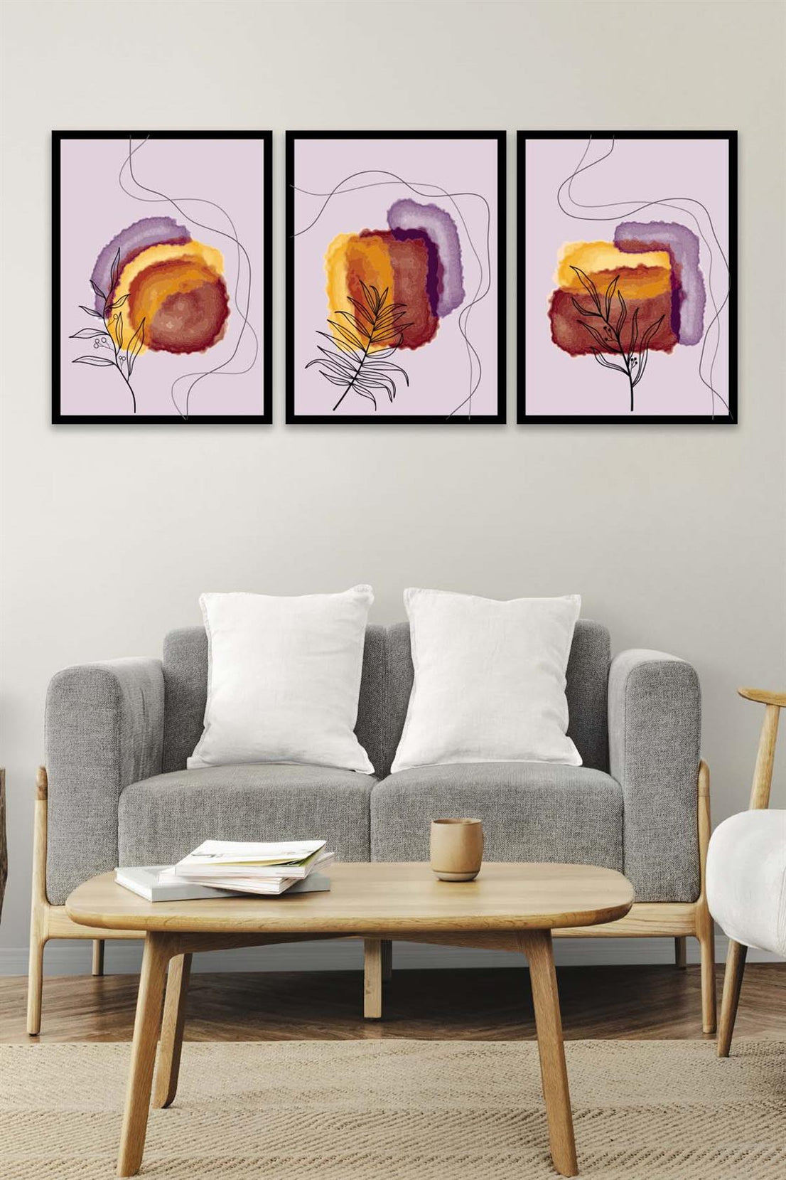 3 Parça Bohem Ve Suluboya Tarzda (Siyah Çerçeve Görünümlü) Uv Baskı Mdf Tablo Seti