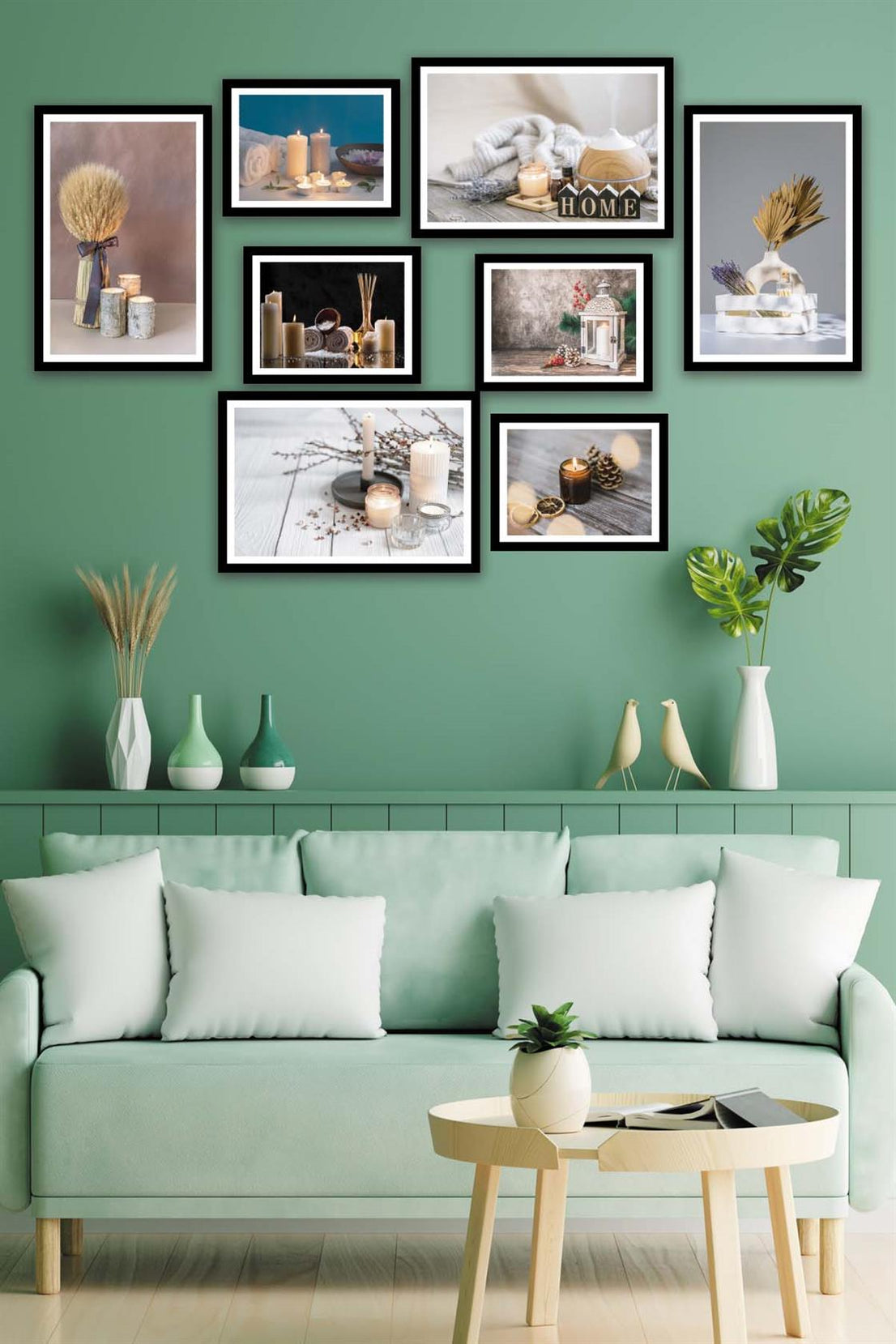 8 Parça Mum Ve Kozalak Tarzında Siyah Çerçeve Görünümlü Mdf Tablo Seti