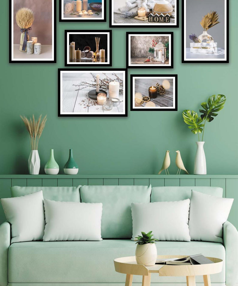 8 Parça Mum Ve Kozalak Tarzında Siyah Çerçeve Görünümlü Mdf Tablo Seti