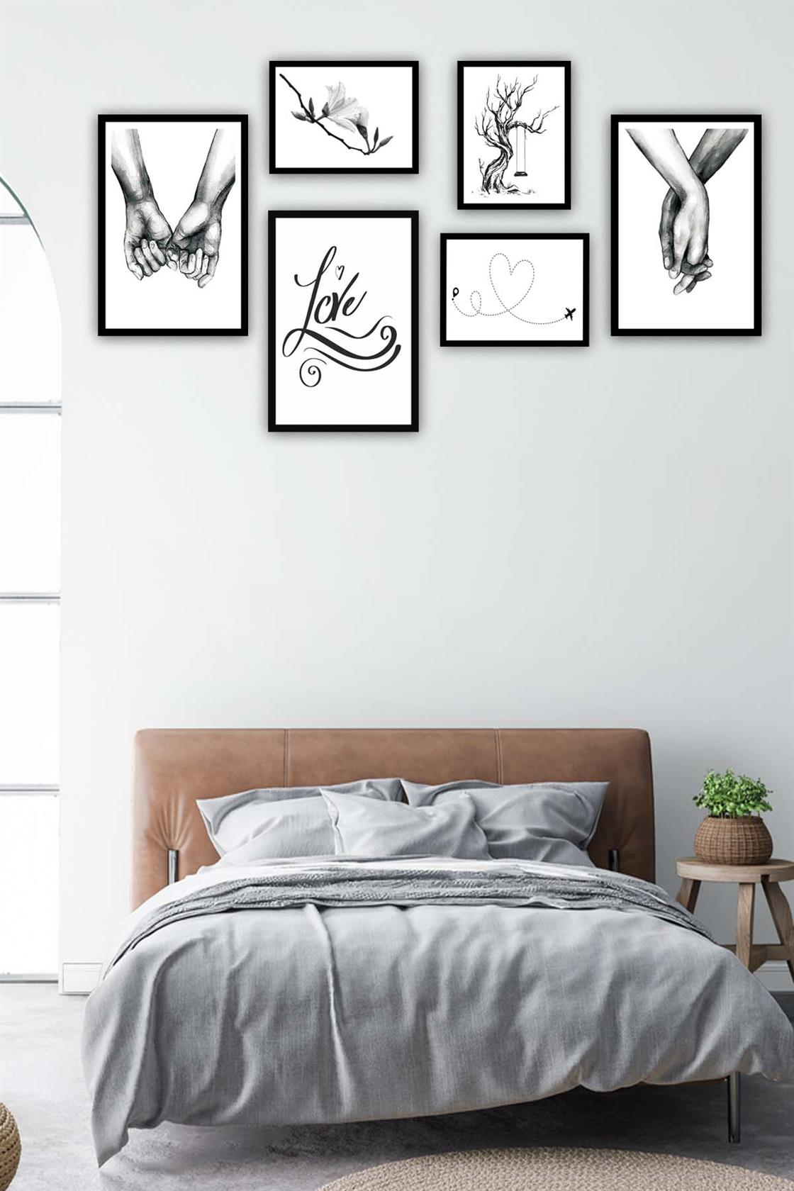 6 Parça Siyah Beyaz Sanatsal Çerçeve Görünümlü Tablo Seti