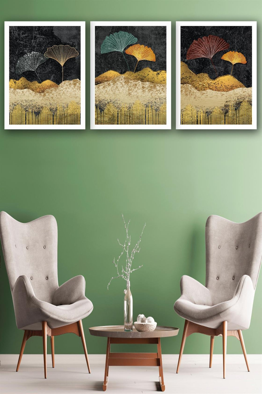 3 Parça Yaprak Tarzında Çiçek Uv Baskı Mdf Tablo Seti