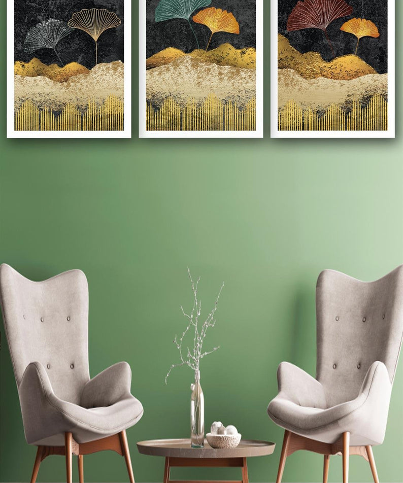 3 Parça Yaprak Tarzında Çiçek Uv Baskı Mdf Tablo Seti