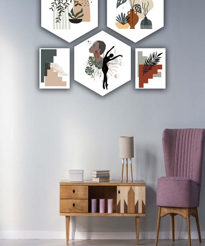 5 Parça Petek Ve Dikdörtgen Tasarım Bohem Tarzında Uv Baskı Mdf Tablo Seti