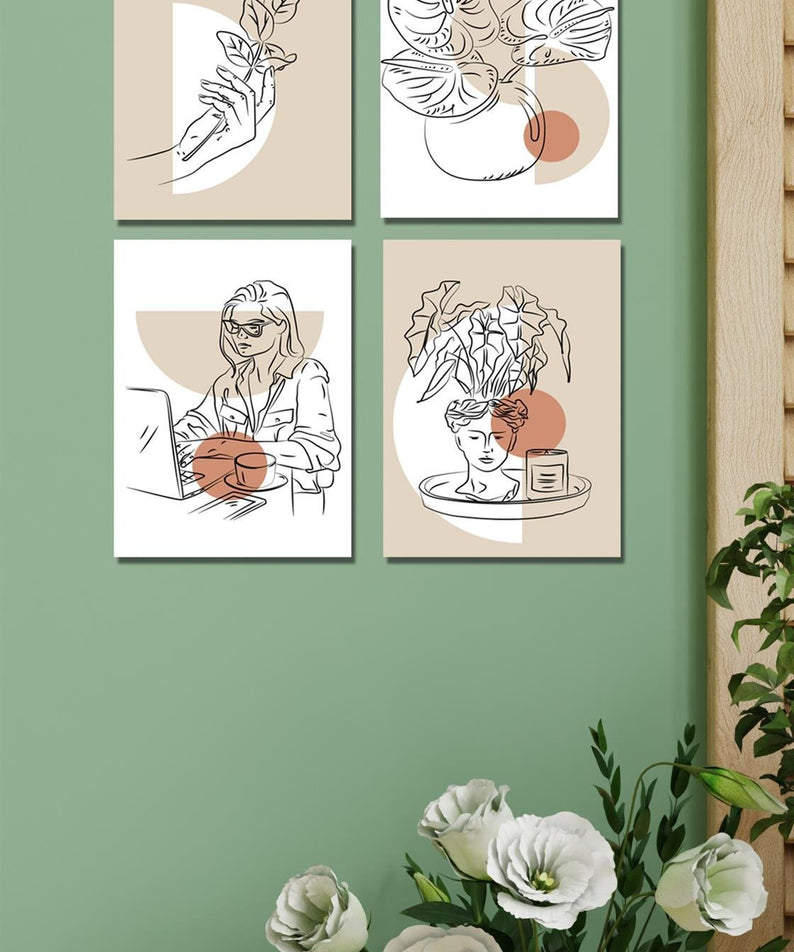 Çizgi tarzında 4'lü sanatsal tablo seti