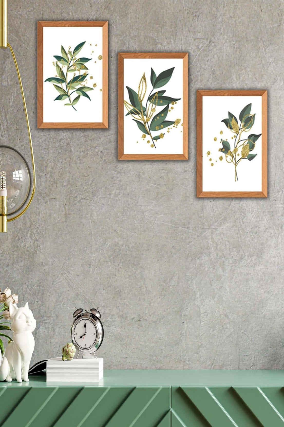 Yeşil Çiçek Temalı Ahşap Çerçeve Görünümlü Tablo Seti