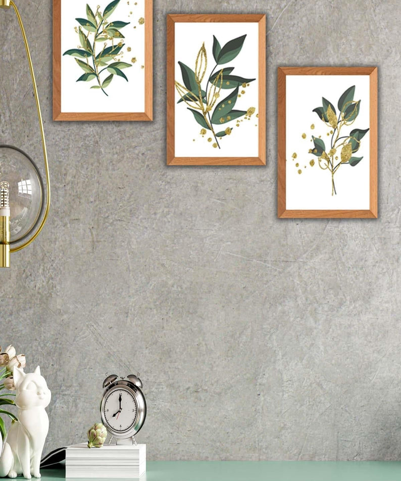 Yeşil Çiçek Temalı Ahşap Çerçeve Görünümlü Tablo Seti