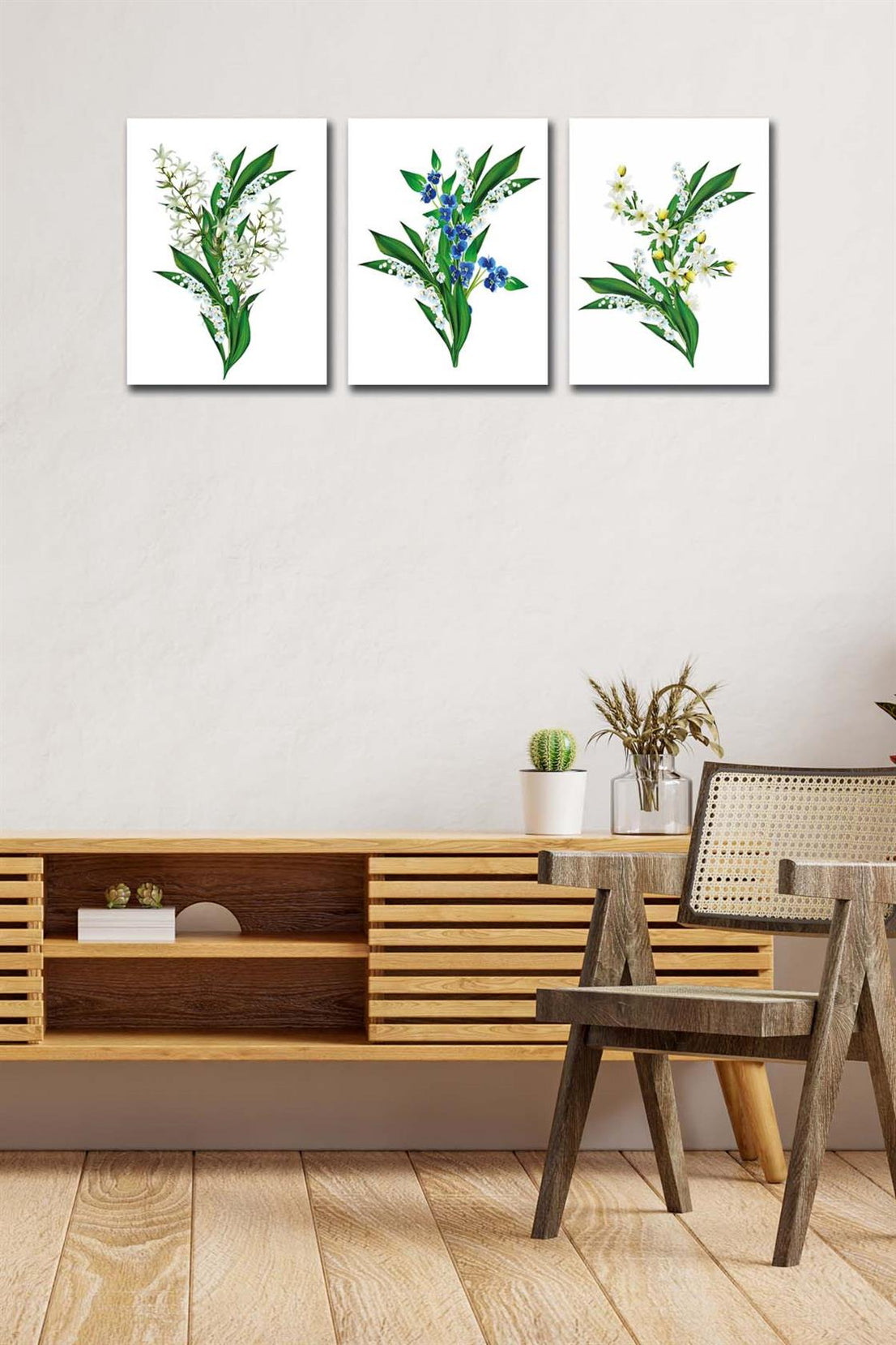 3 Parça Yeşil Çiçekler Tablo Seti