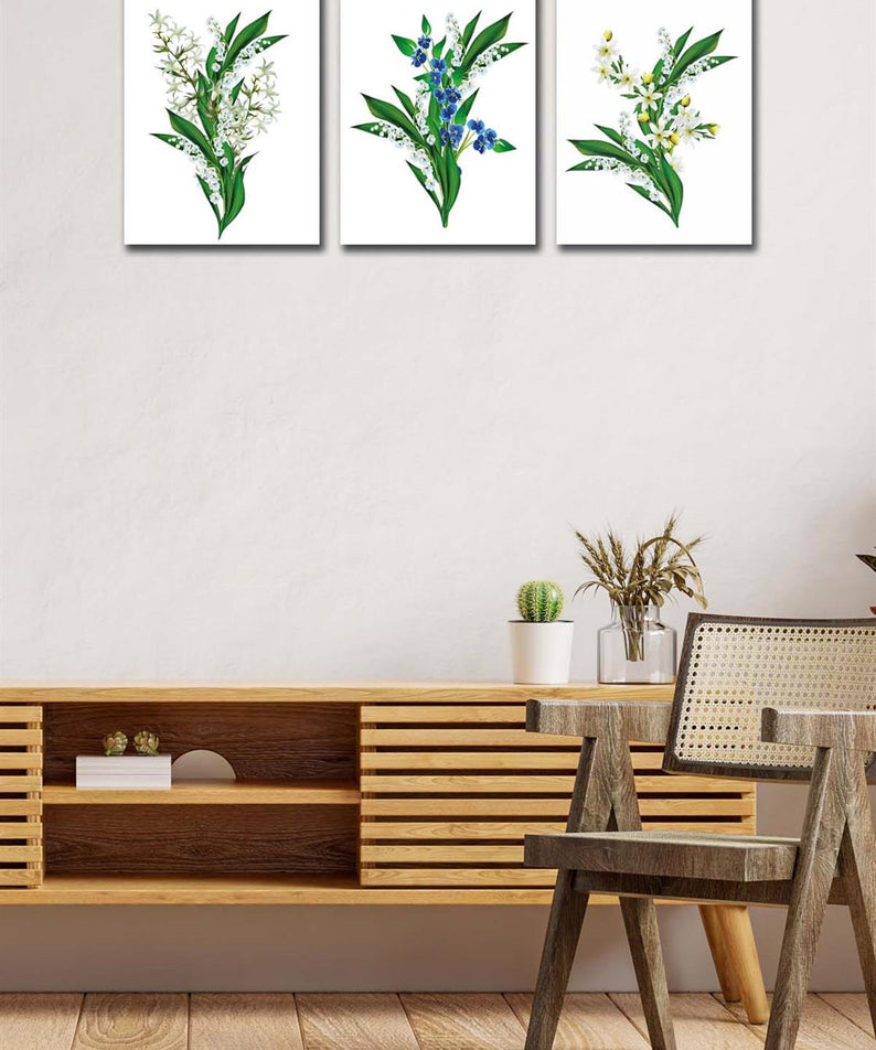 3 Parça Yeşil Çiçekler Tablo Seti