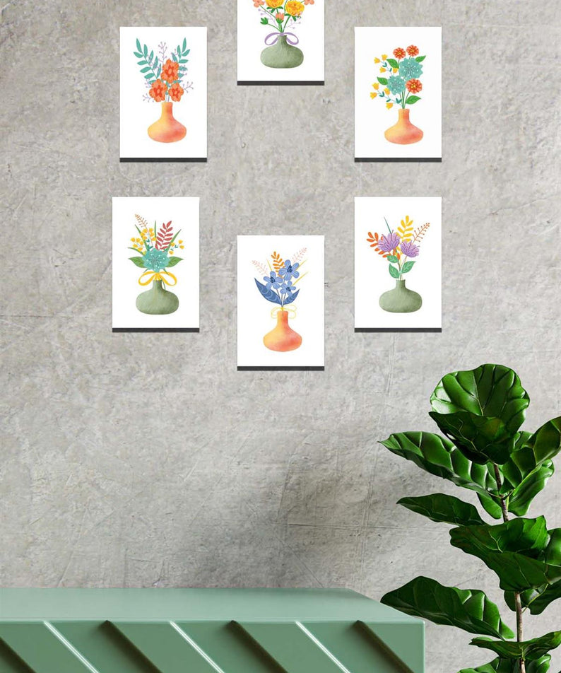 6 Parça bohem tarzı vazolu çiçek tablo seti
