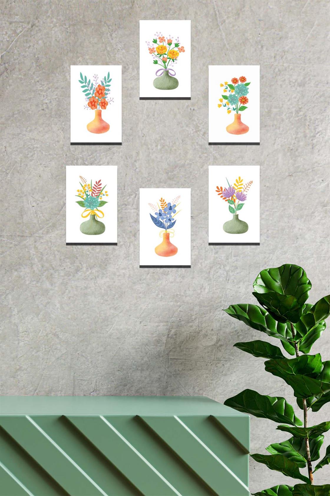 6 Parça bohem tarzı vazolu çiçek tablo seti