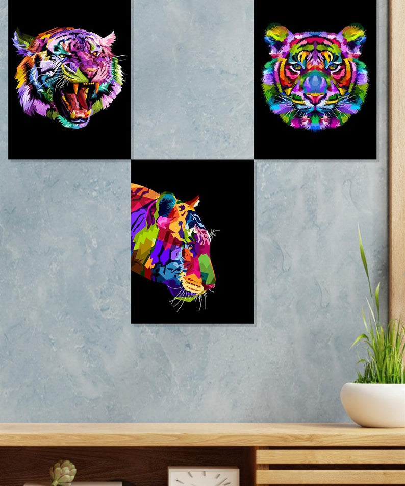 3'lü renkli kaplan tablo seti