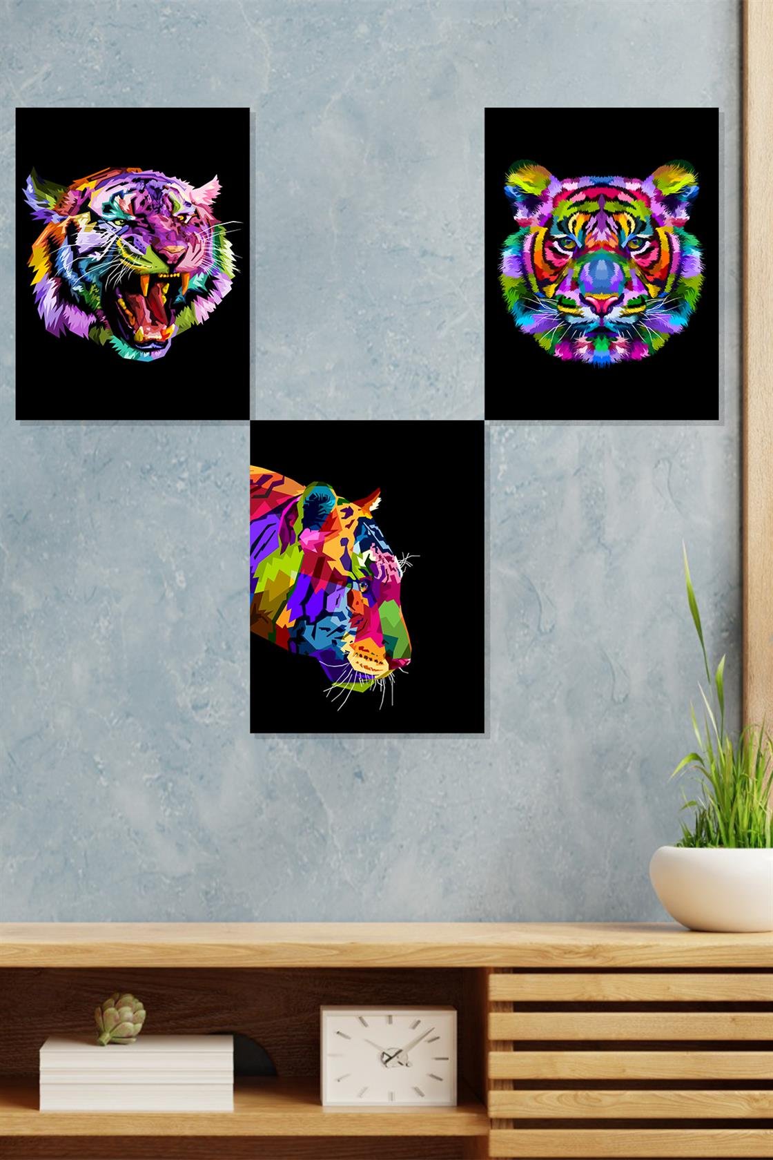 3'lü renkli kaplan tablo seti