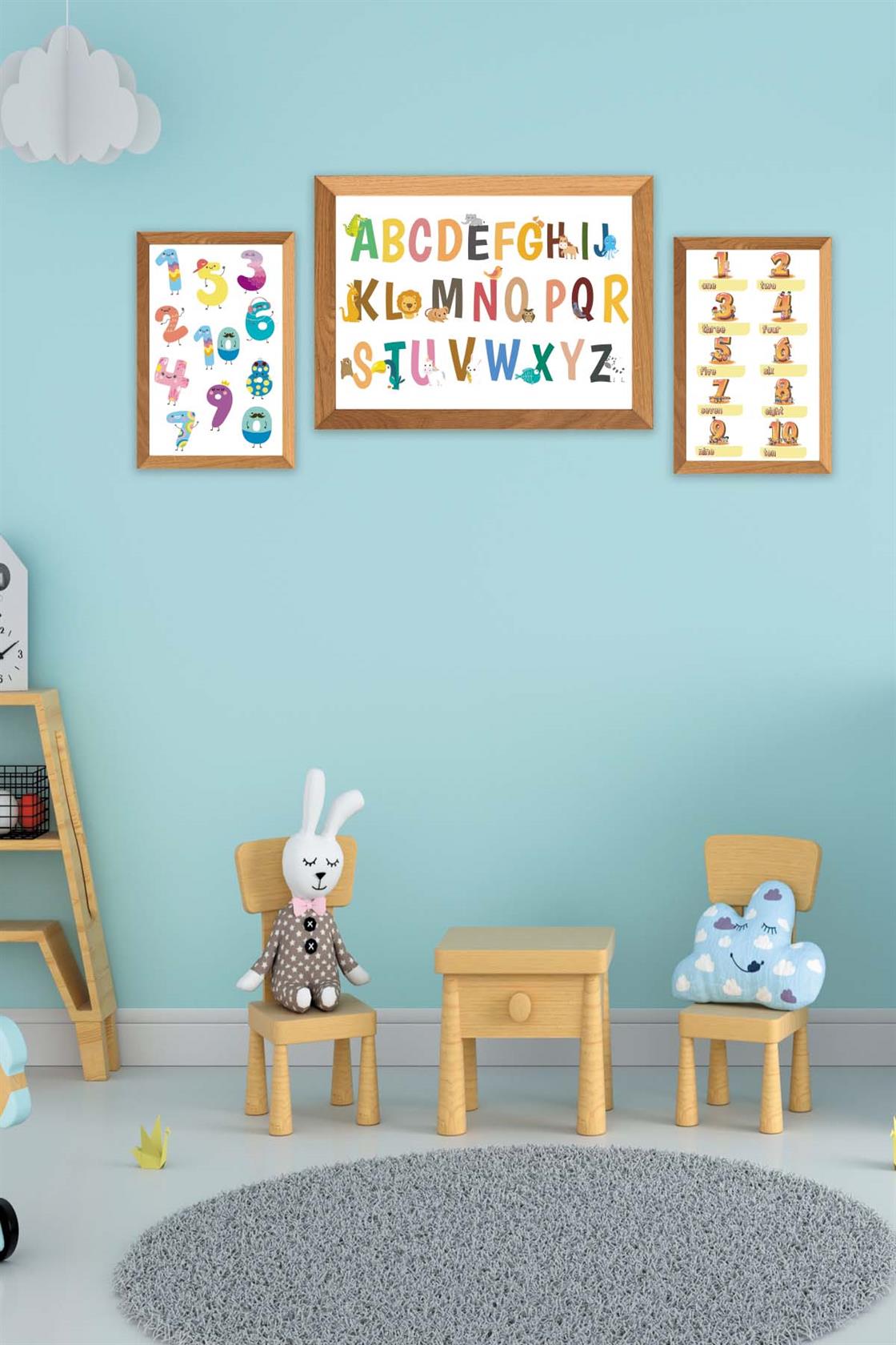 Çoçuklar İçin Renkli Alfabe Sayılar Eğitici Tablo Ahşap Çerçeve Görünümlü Dijital Baskı Tablo Seti