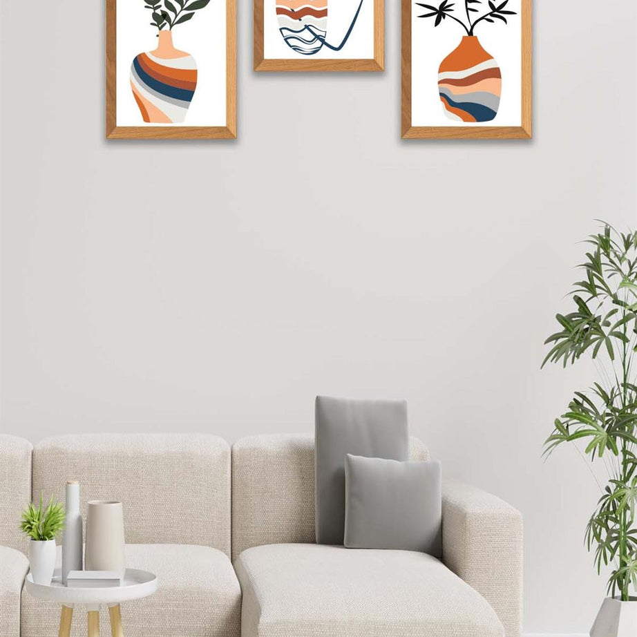 3 Parça Modern Sanatsal Bohem Tarzda (Ahşap çerçeve görünümlü) Uv Baskı Mdf Tablo Seti