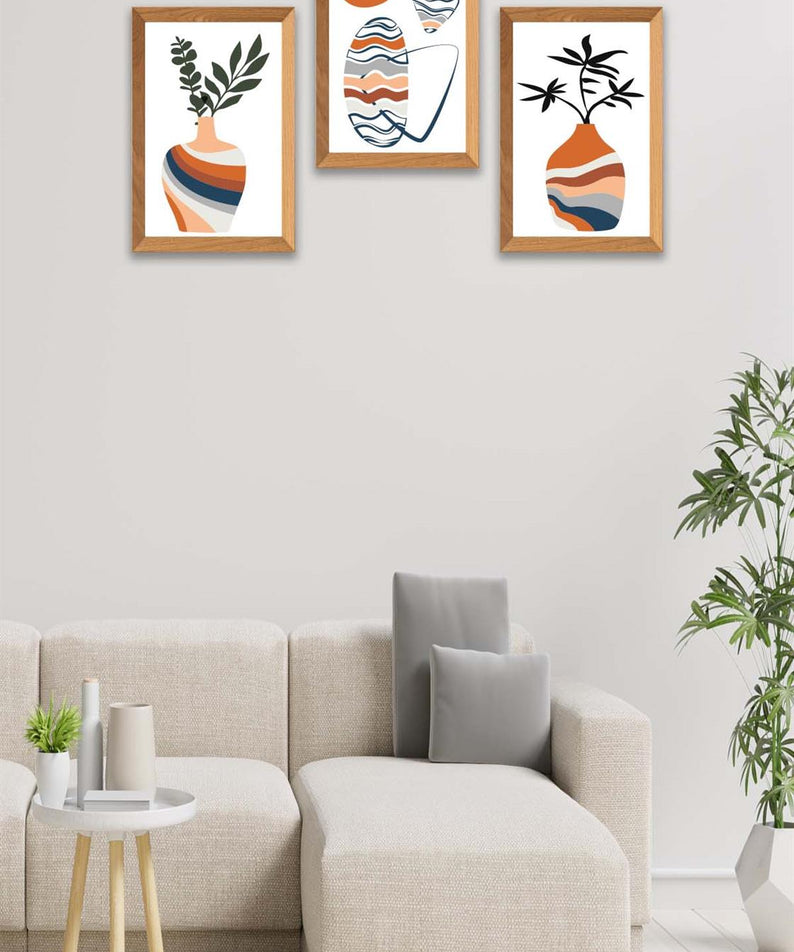 3 Parça Modern Sanatsal Bohem Tarzda (Ahşap çerçeve görünümlü) Uv Baskı Mdf Tablo Seti