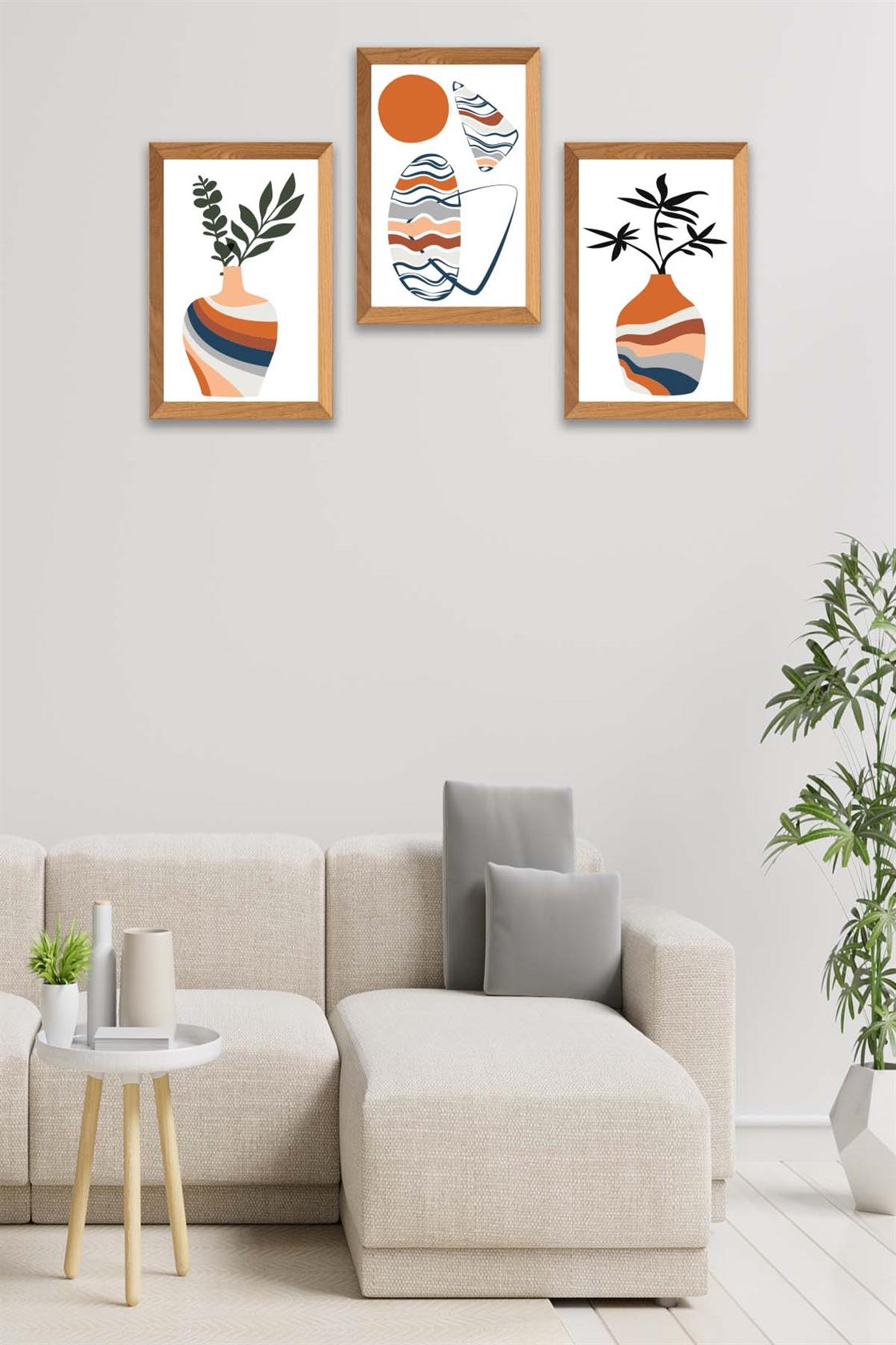 3 Parça Modern Sanatsal Bohem Tarzda (Ahşap çerçeve görünümlü) Uv Baskı Mdf Tablo Seti