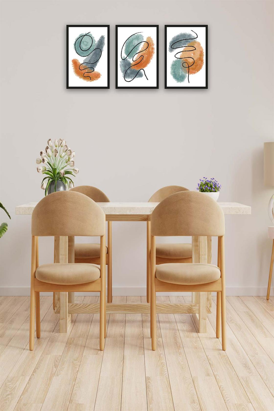 3 Parça Watercolur Tarzda Sanatsal Siyah Çerçeve Görünümlü Uv Baskı Mdf Tablo Seti