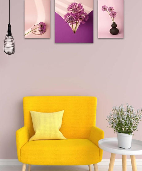 3 Parça Mor Çiçek Desenli Uv Baskı Tablo Seti