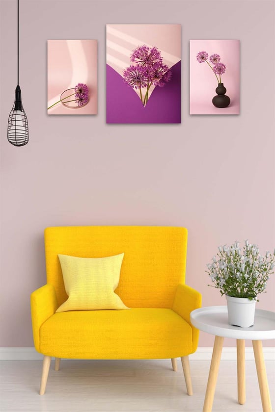 3 Parça Mor Çiçek Desenli Uv Baskı Tablo Seti