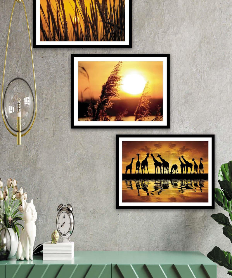 Afrika Zürafa Temalı Siyah Çerçeve Görünümlü Tablo Seti