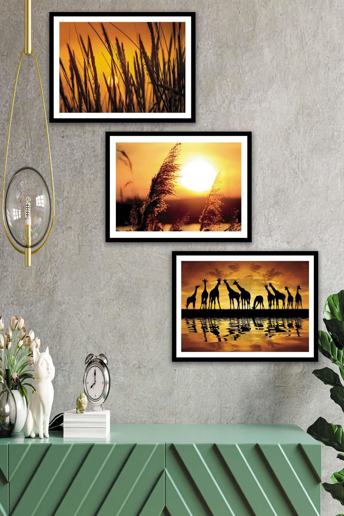 Afrika Zürafa Temalı Siyah Çerçeve Görünümlü Tablo Seti