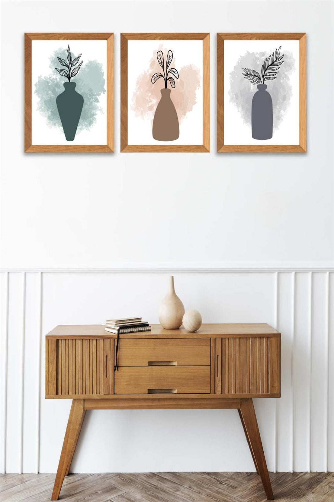 3 Parça Modern Sanatsal Suluboya Tarzda (Ahşap çerçeve görünümlü) Uv Baskı Mdf Tablo Seti