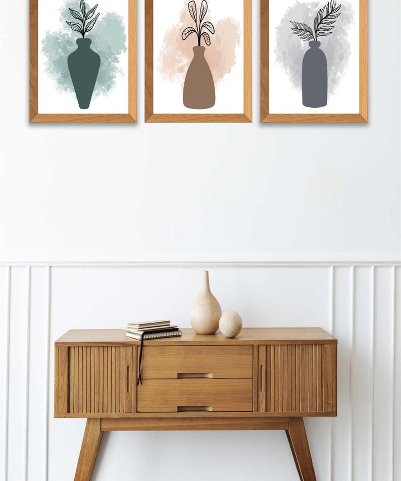 3 Parça Modern Sanatsal Suluboya Tarzda (Ahşap çerçeve görünümlü) Uv Baskı Mdf Tablo Seti