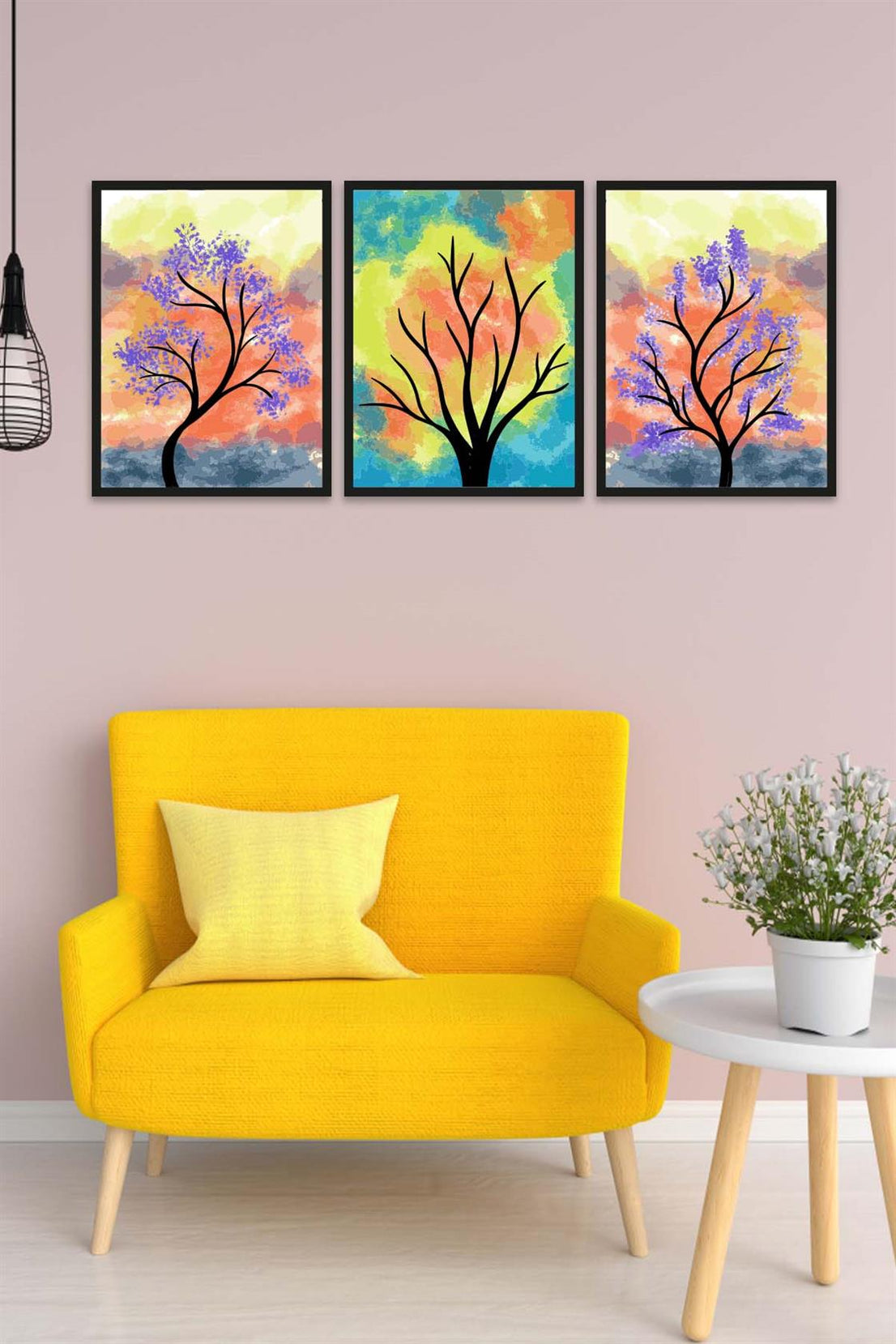 3 Parça Renkli Kuru Ağaç Tarzda Sanatsal Siyah Çerçeve Görünümlü Uv Baskı Mdf Tablo Seti