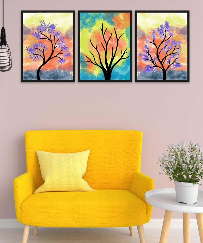 3 Parça Renkli Kuru Ağaç Tarzda Sanatsal Siyah Çerçeve Görünümlü Uv Baskı Mdf Tablo Seti