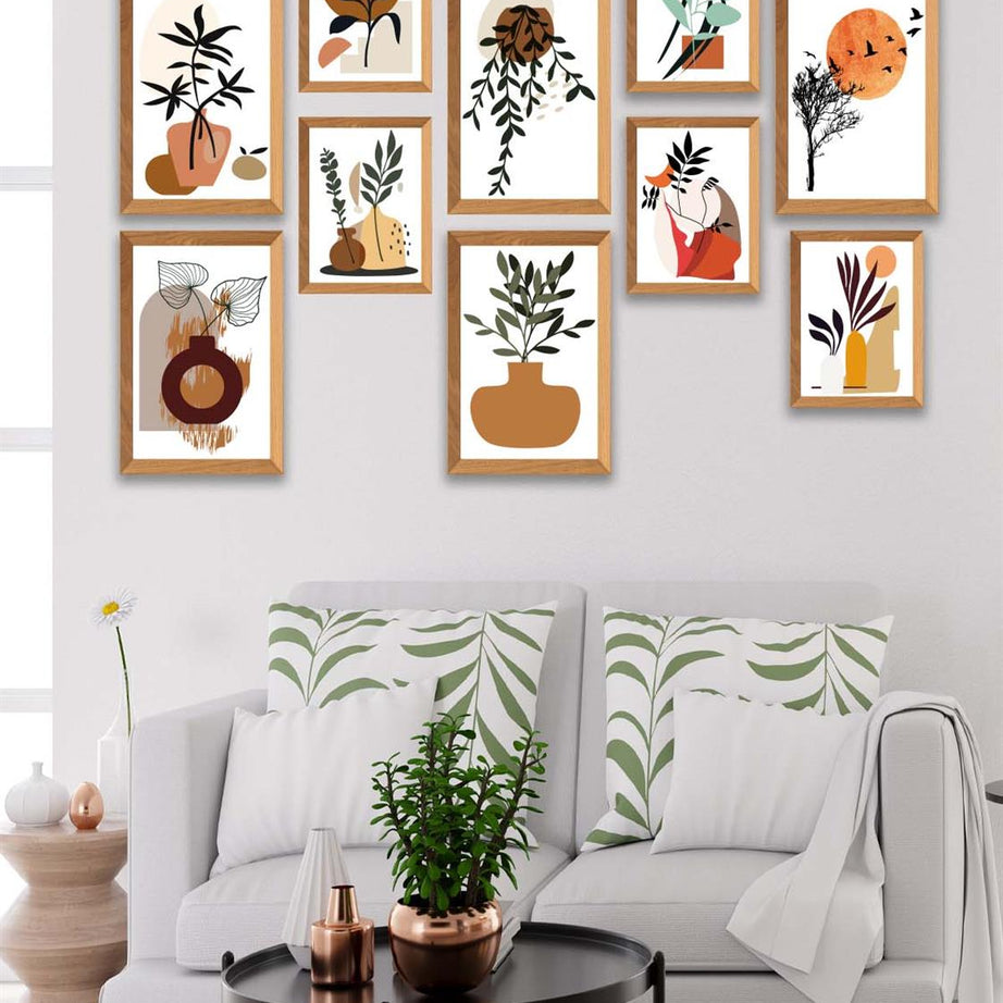 10 Parça Modern Sanatsal Bohem Tarzda (Ahşap çerçeve görünümlü) Uv Baskı Mdf Tablo Seti