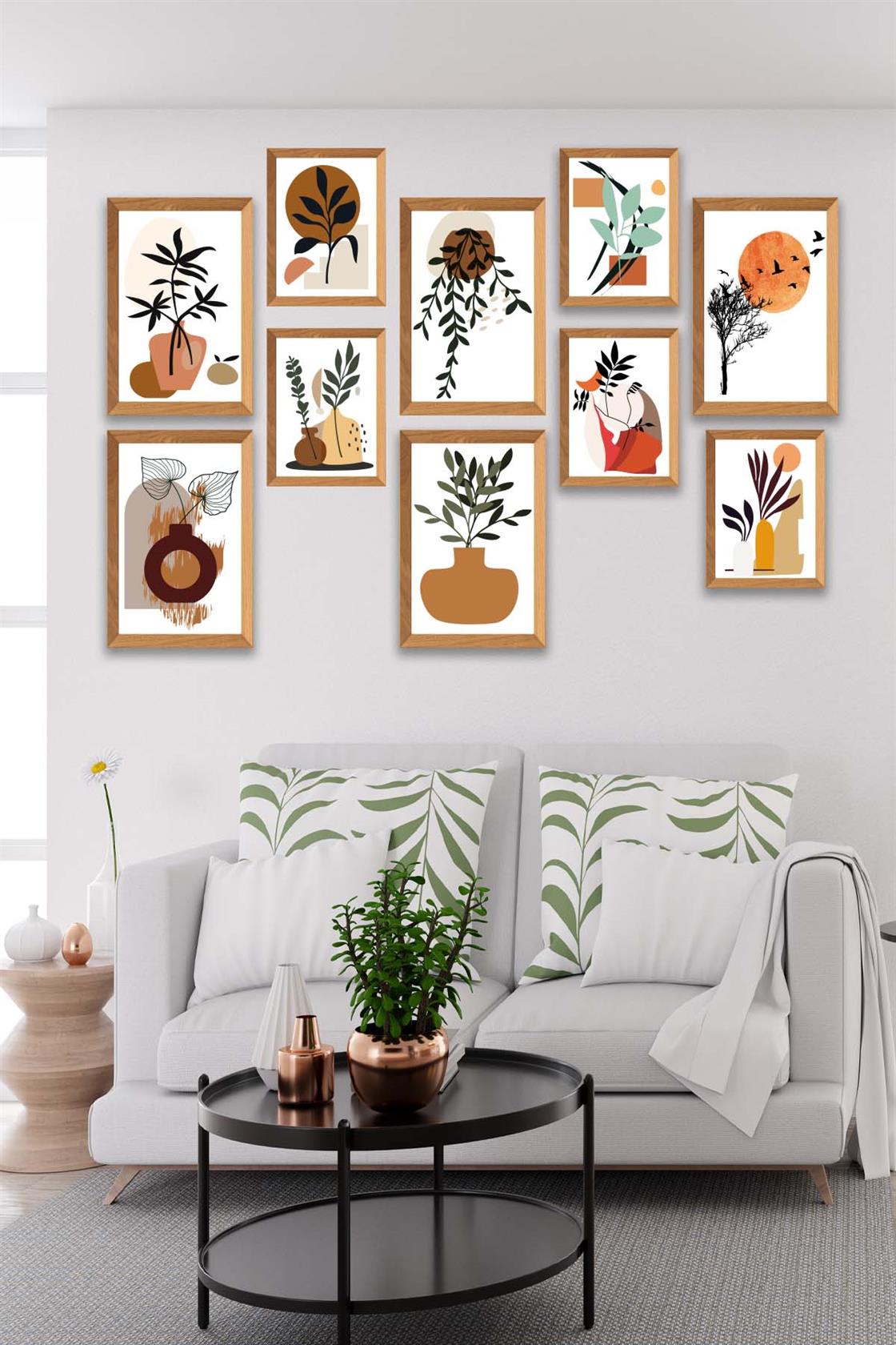 10 Parça Modern Sanatsal Bohem Tarzda (Ahşap çerçeve görünümlü) Uv Baskı Mdf Tablo Seti