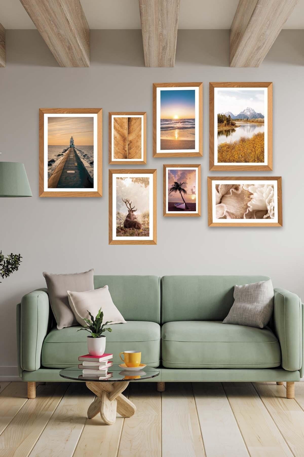 Deniz Feneri Manzara Ve Geyik Temalı Ahşap Çerçeve Görünümlü Tablo Seti