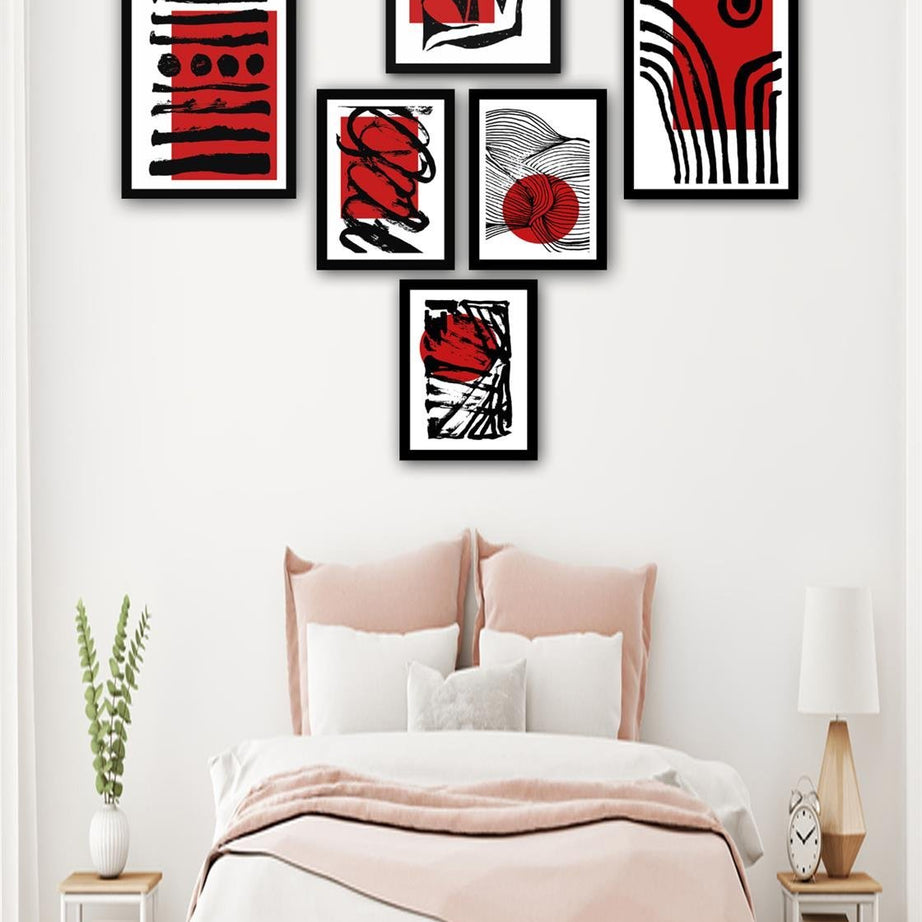 6 Parça Modern Sanat Tarzında Siyah Çerçeve Görünümlü Uv Baskı Mdf Tablo Seti