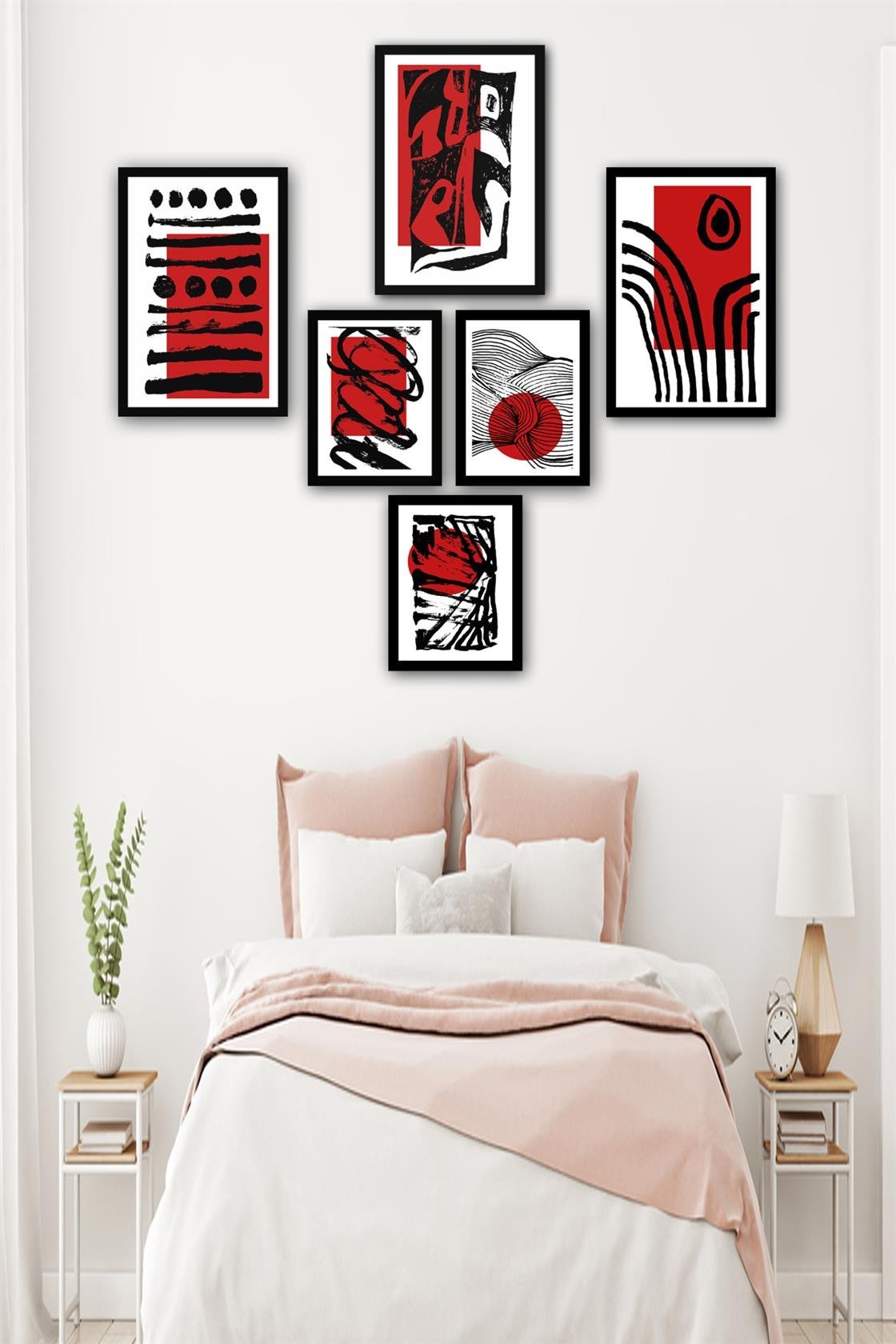 6 Parça Modern Sanat Tarzında Siyah Çerçeve Görünümlü Uv Baskı Mdf Tablo Seti