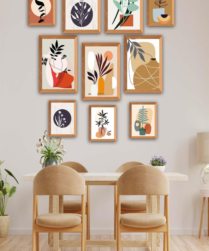 10 Parça Bohem Tarzında Sanatsal (Ahşap çerçeve görünümlü) Uv Baskı Mdf Tablo Seti