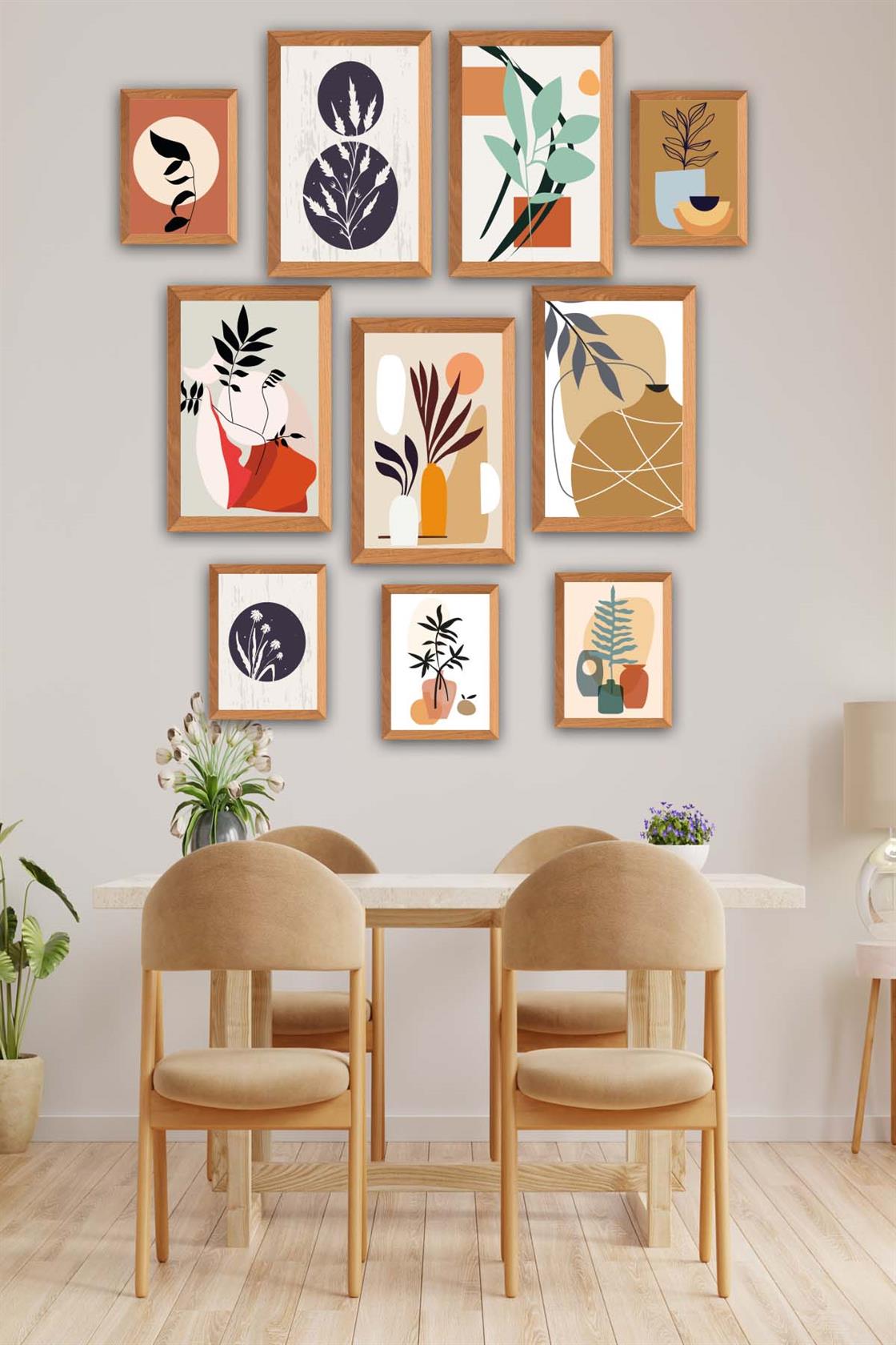 10 Parça Bohem Tarzında Sanatsal (Ahşap çerçeve görünümlü) Uv Baskı Mdf Tablo Seti