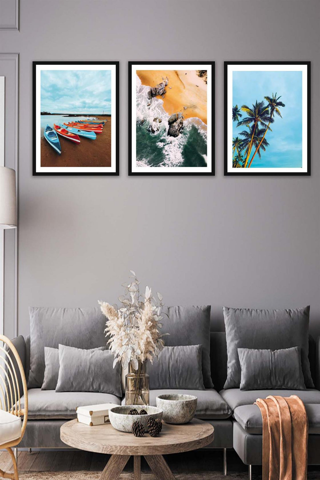 3 Parça Modern Tarzda Manzara Fotoğraflı Siyah Çerçeve Görünümlü Dijital Baskı Tablo Seti