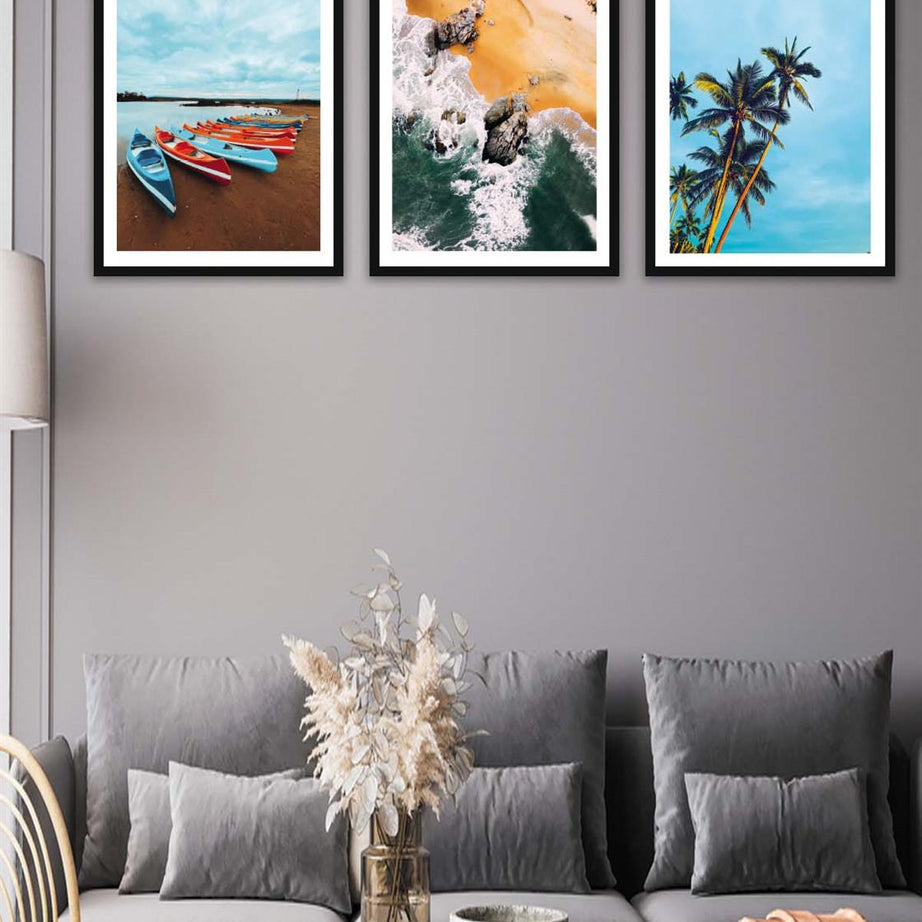 3 Parça Modern Tarzda Manzara Fotoğraflı Siyah Çerçeve Görünümlü Dijital Baskı Tablo Seti