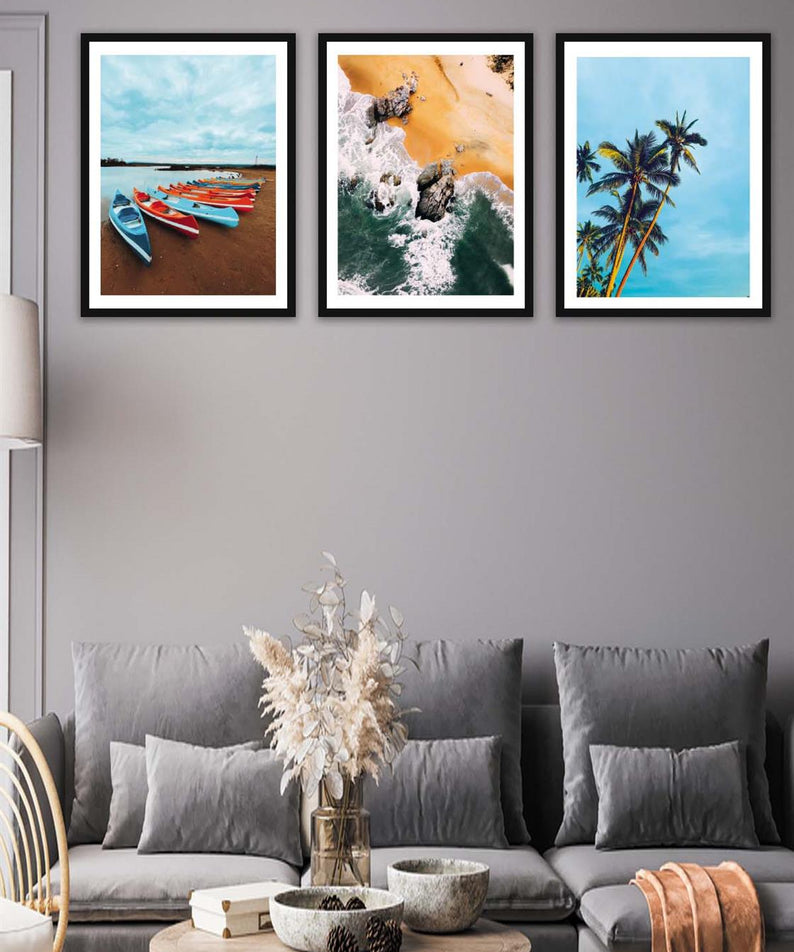 3 Parça Modern Tarzda Manzara Fotoğraflı Siyah Çerçeve Görünümlü Dijital Baskı Tablo Seti