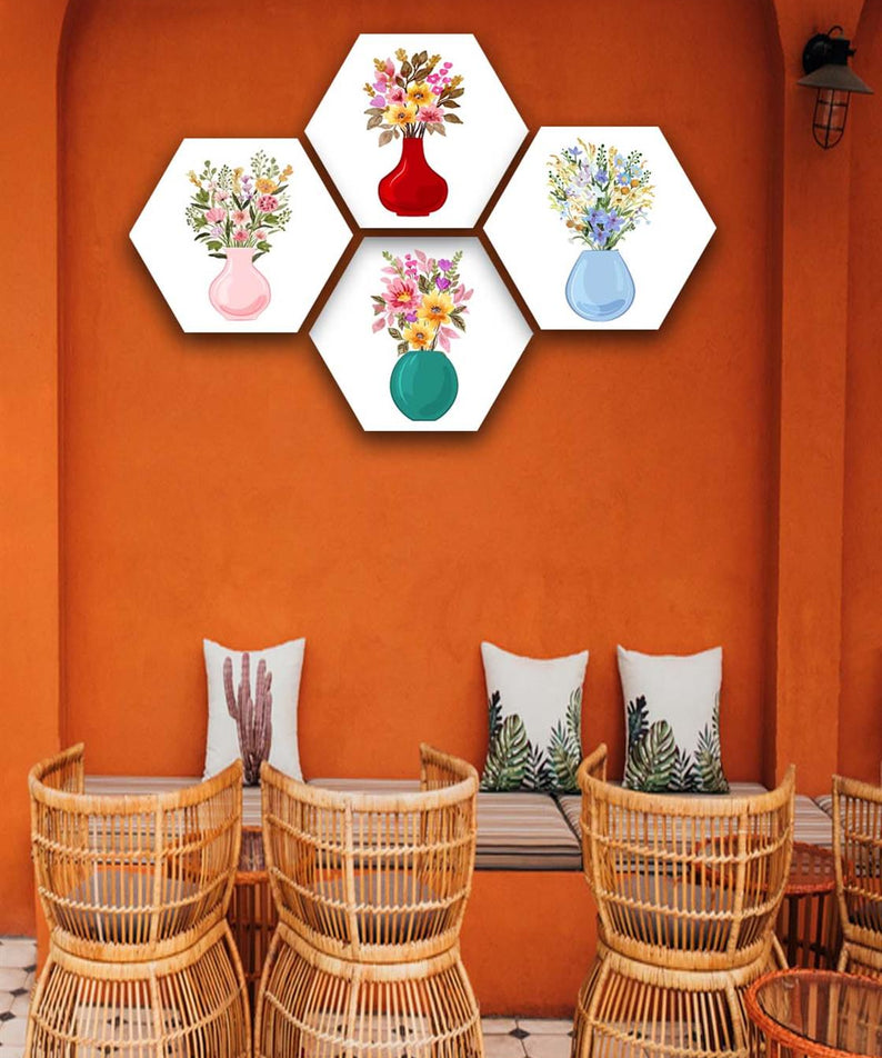 4 Parça Altıgen Tarzda Vazolu Çiçek Tablo Seti