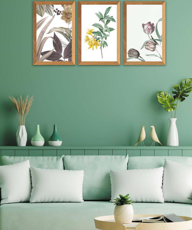 3 Parça Renkli Çiçekler Ahşap Çerçeve Görünümlü Dijital Baskı Tablo Seti