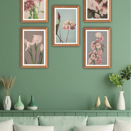 5 Parça Ahşap çerçeve Görünümlü Çiçek Desenli Uv baskı Mdf Tablo Seti