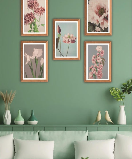 5 Parça Ahşap çerçeve Görünümlü Çiçek Desenli Uv baskı Mdf Tablo Seti