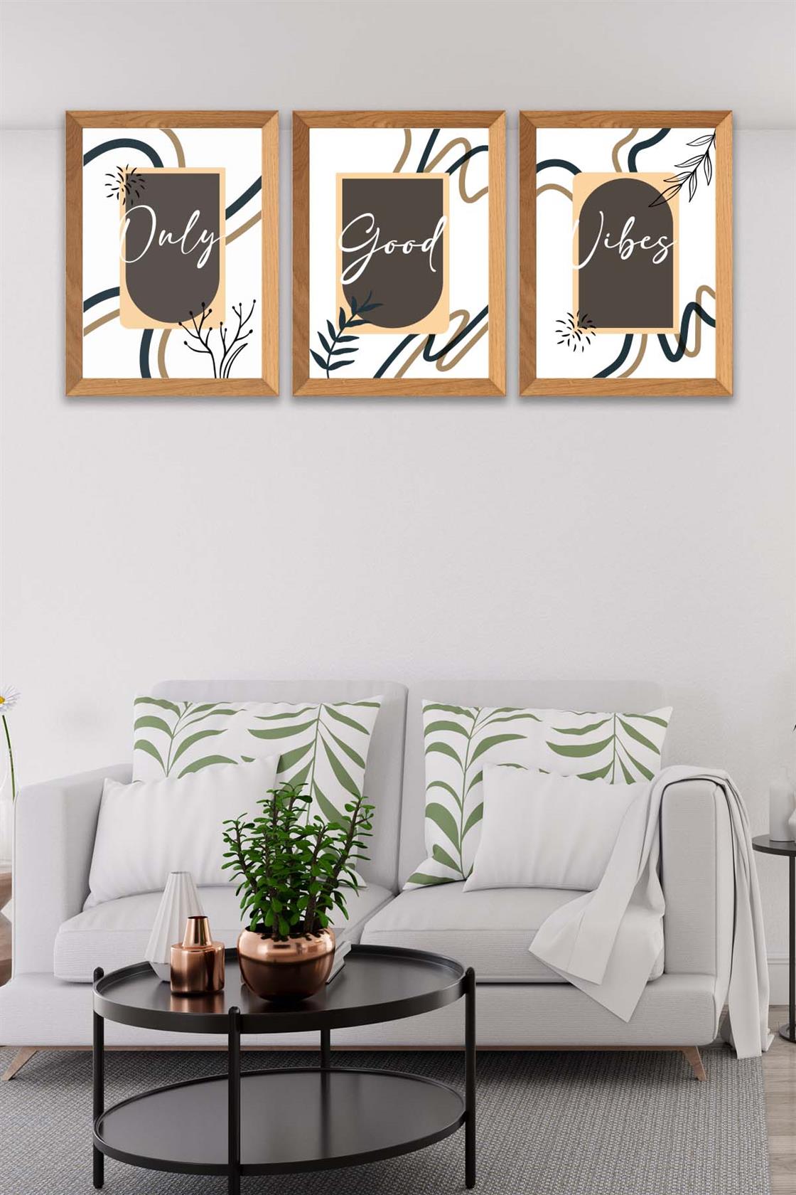 3 Parça Modern Sanatsal Tarzda (Ahşap çerçeve görünümlü) Uv Baskı Mdf Tablo Seti