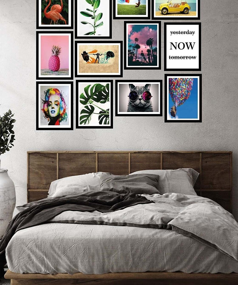 12 Parça Birbirinden Farklı Dijital Baskı Siyah Çerçeve Görünümlü Tablo Seti