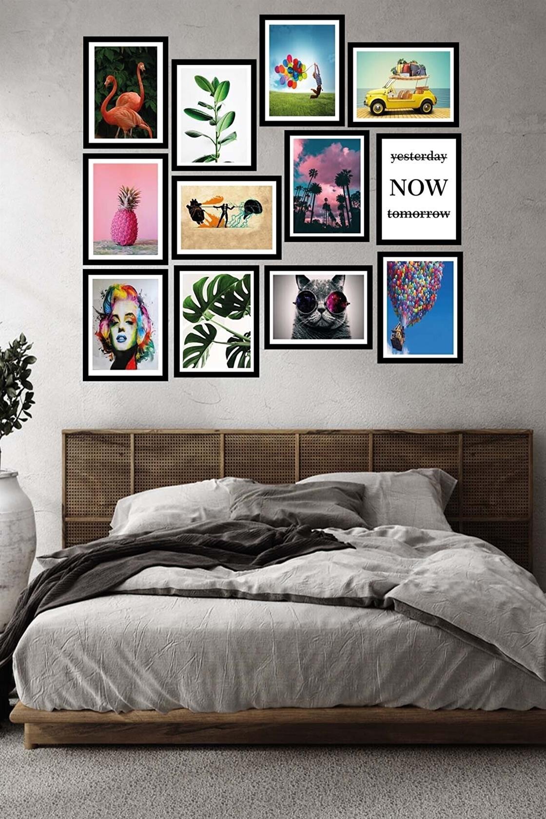 12 Parça Birbirinden Farklı Dijital Baskı Siyah Çerçeve Görünümlü Tablo Seti