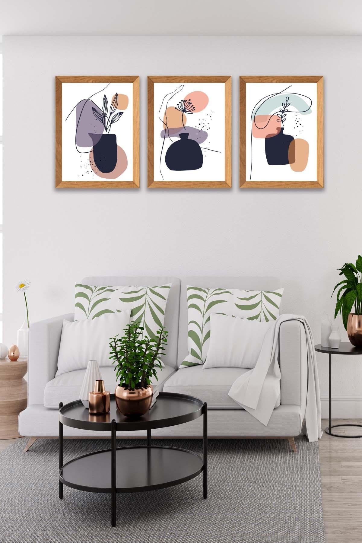 Vazo Temalı Ahşap Çerçeve Görünümlü Tablo Seti