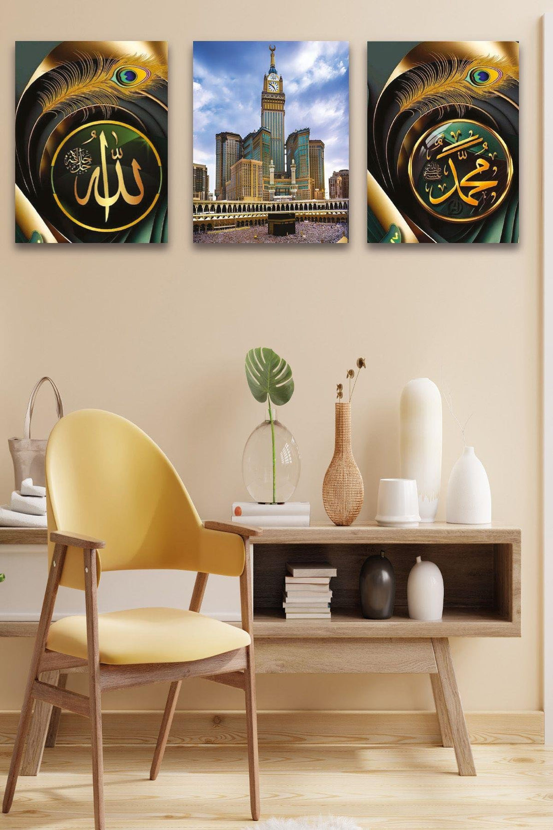 3 Parça Allah Muhammed Kabe Temalı Gold Tablo Seti